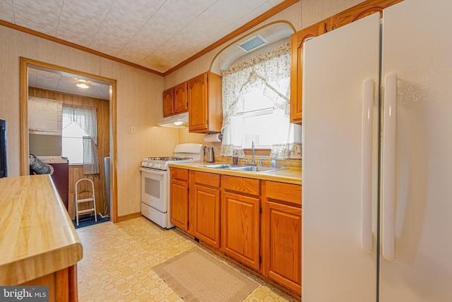 kitchen with butcher block counters, sink, white appliances, and ornamental molding