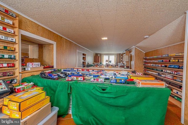 playroom featuring crown molding and wood walls