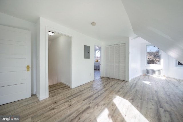 interior space featuring electric panel, light wood-type flooring, radiator, and plenty of natural light