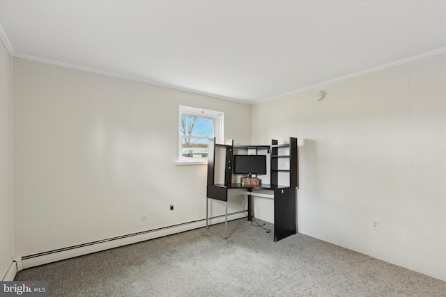 spare room with a baseboard heating unit, carpet floors, and ornamental molding