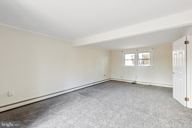 carpeted empty room featuring a baseboard heating unit and beamed ceiling