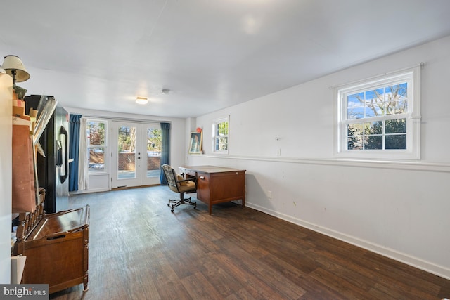 home office with french doors and dark hardwood / wood-style flooring