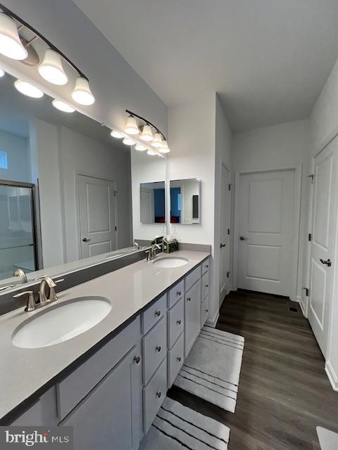 bathroom featuring vanity and hardwood / wood-style floors