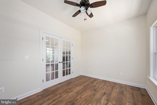 unfurnished room with plenty of natural light, ceiling fan, french doors, and dark hardwood / wood-style floors