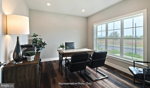 home office featuring dark hardwood / wood-style floors