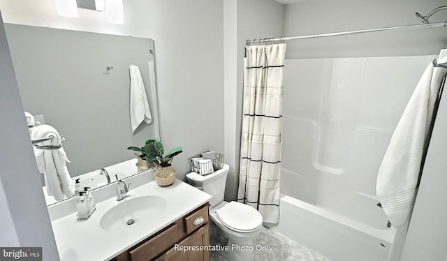 full bathroom featuring toilet, vanity, and shower / bathtub combination with curtain