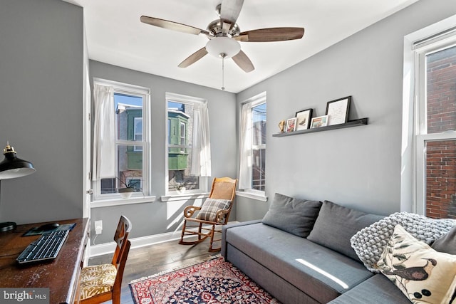 living room featuring ceiling fan and wood-type flooring