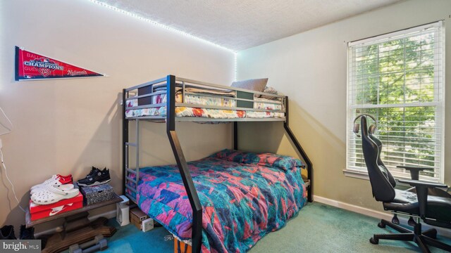 bedroom with carpet flooring and a textured ceiling