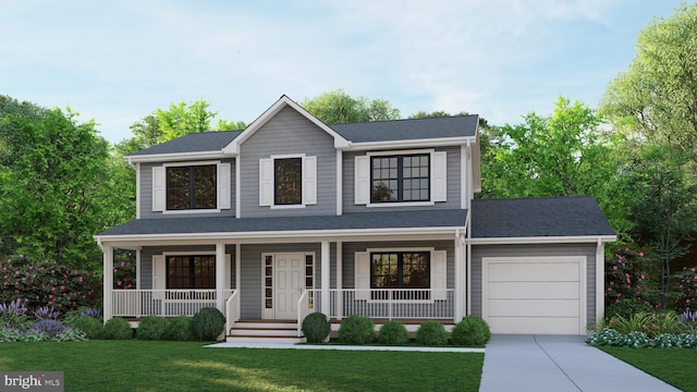 view of front facade with a front yard, a garage, and a porch