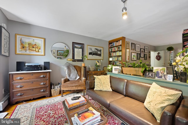 living area with a baseboard radiator and wood finished floors