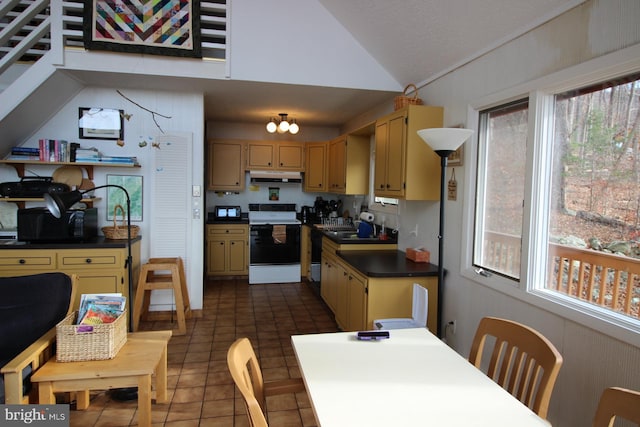 kitchen with vaulted ceiling, a healthy amount of sunlight, electric range, and dark tile patterned floors