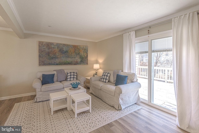 living room with ornamental molding and wood-type flooring