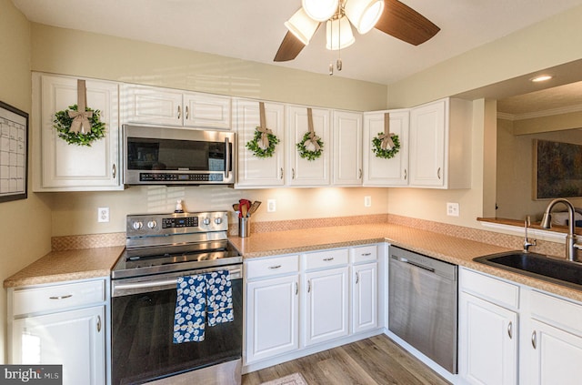 kitchen featuring sink, light hardwood / wood-style flooring, ceiling fan, stainless steel appliances, and white cabinets