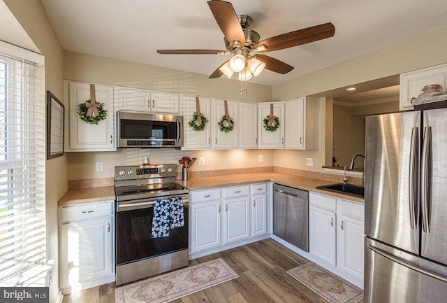 kitchen with sink, ceiling fan, white cabinetry, stainless steel appliances, and dark hardwood / wood-style floors