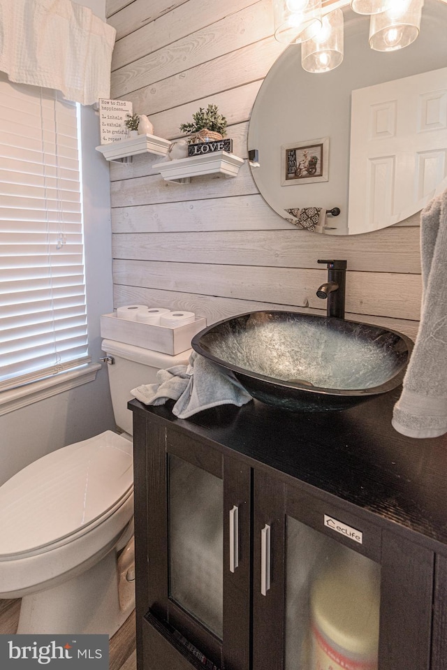 bathroom with vanity, wooden walls, and toilet