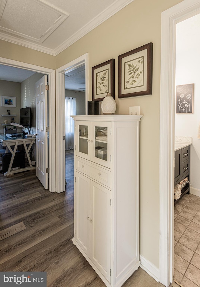 hallway with ornamental molding and dark hardwood / wood-style flooring