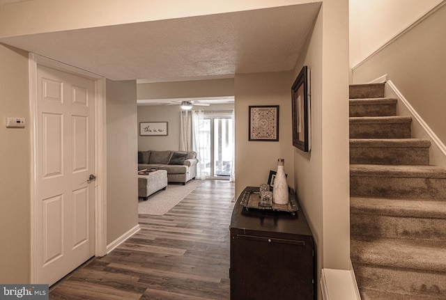 interior space featuring dark wood-type flooring and a textured ceiling