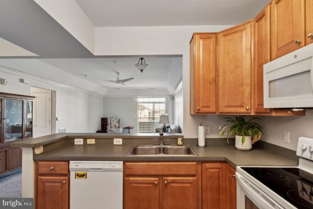 kitchen with white appliances, sink, kitchen peninsula, ceiling fan, and crown molding