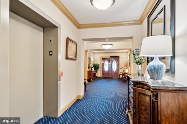 corridor with elevator, dark colored carpet, and crown molding