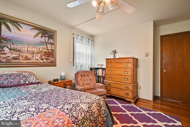 bedroom featuring ceiling fan, dark wood-type flooring, and a closet