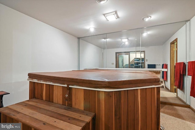 bar featuring light colored carpet and a jacuzzi