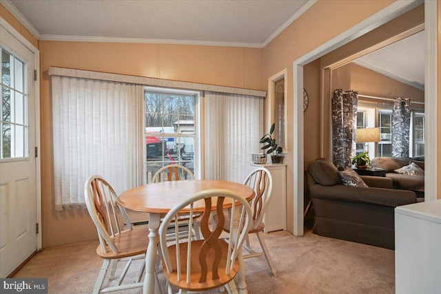 carpeted dining room with a healthy amount of sunlight, crown molding, and lofted ceiling