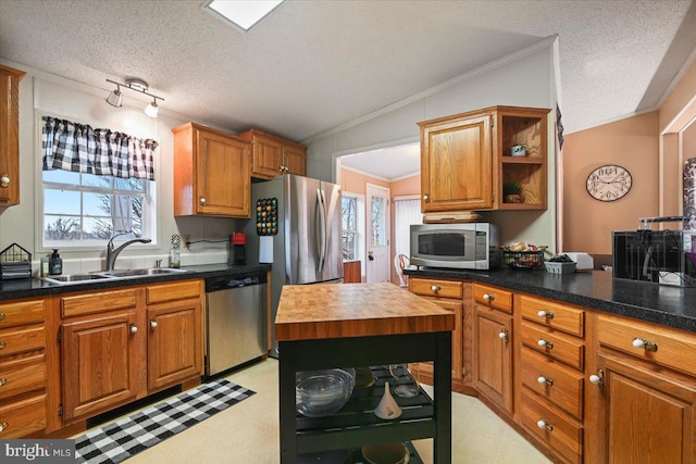 kitchen with a textured ceiling, vaulted ceiling, appliances with stainless steel finishes, ornamental molding, and sink