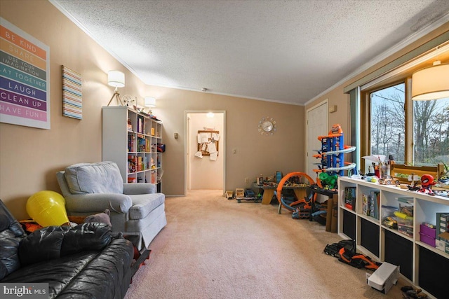 game room with a textured ceiling, ornamental molding, and carpet flooring