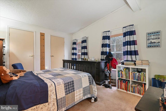 carpeted bedroom featuring a textured ceiling and lofted ceiling with beams