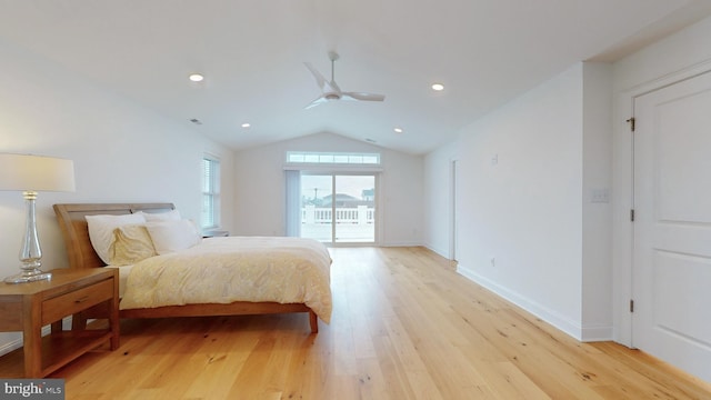 bedroom featuring access to exterior, ceiling fan, vaulted ceiling, and light wood-type flooring