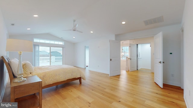 bedroom featuring light hardwood / wood-style floors, vaulted ceiling, ceiling fan, and access to outside