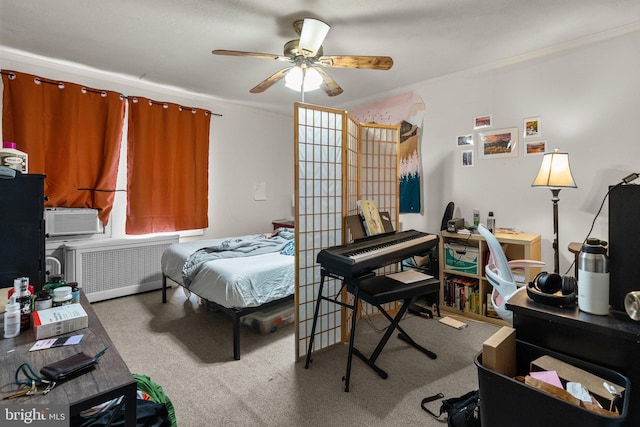 carpeted bedroom featuring ceiling fan, cooling unit, and radiator heating unit