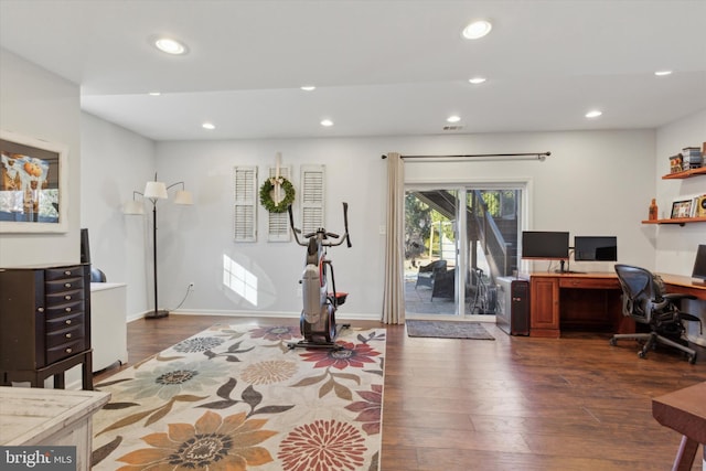 home office featuring dark hardwood / wood-style floors