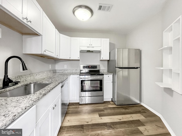 kitchen featuring white cabinets, appliances with stainless steel finishes, dark hardwood / wood-style flooring, sink, and light stone counters