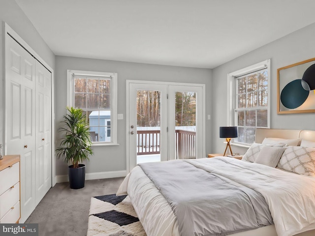 bedroom featuring light carpet, access to exterior, and a closet