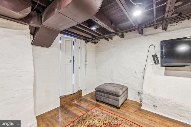 basement with dark hardwood / wood-style flooring