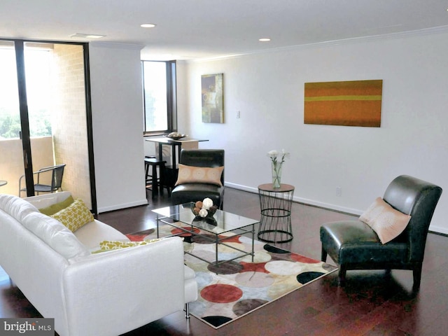 living room with ornamental molding and floor to ceiling windows