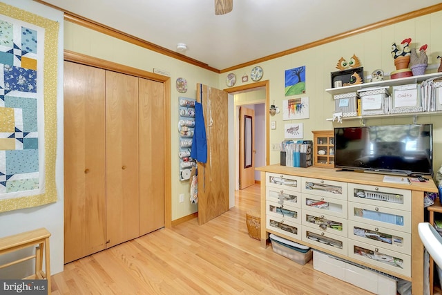 interior space featuring crown molding, a closet, and light wood-type flooring