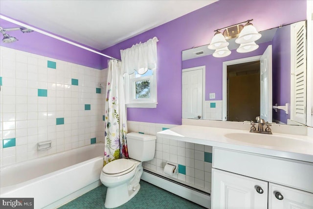 full bathroom featuring toilet, a baseboard heating unit, tile patterned floors, shower / bathtub combination with curtain, and vanity