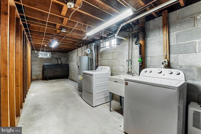 laundry room featuring water heater and washing machine and clothes dryer