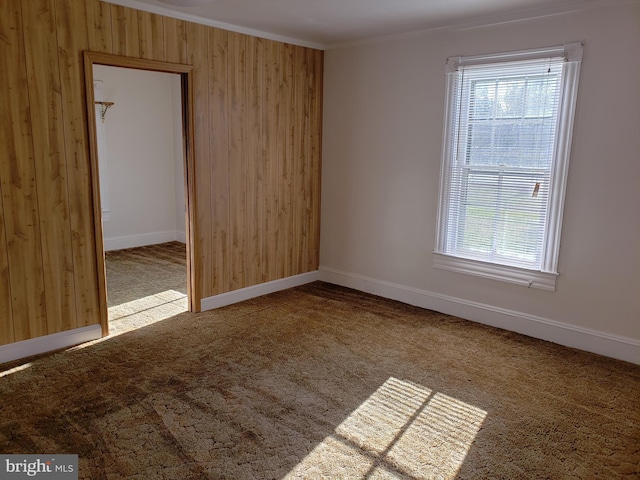 carpeted empty room with wooden walls and ornamental molding