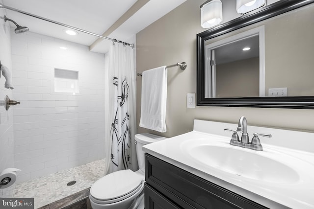 bathroom with toilet, vanity, and a shower with curtain