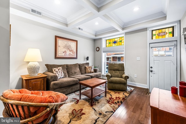 living room with dark hardwood / wood-style flooring, a wealth of natural light, beam ceiling, and coffered ceiling