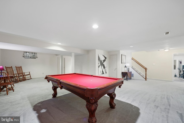 rec room with light carpet and pool table