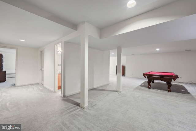 game room featuring light colored carpet and billiards