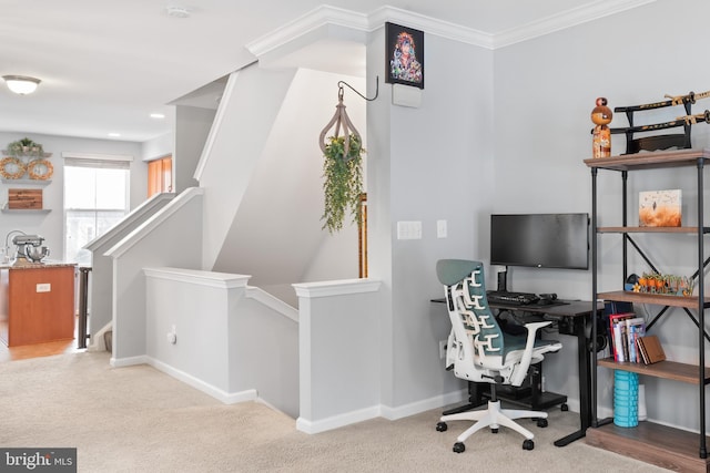 carpeted office space with crown molding, recessed lighting, and baseboards