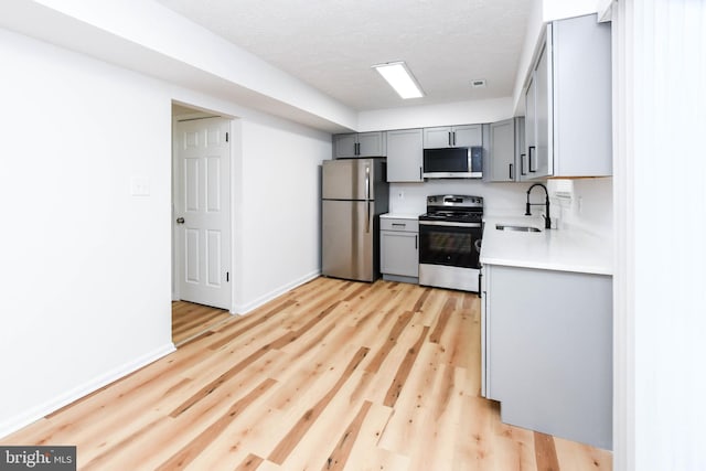 kitchen with a textured ceiling, stainless steel appliances, light hardwood / wood-style floors, sink, and gray cabinetry