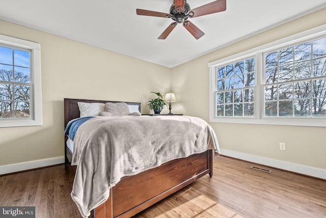 bedroom with ceiling fan and hardwood / wood-style flooring