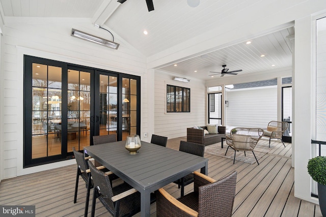 deck with ceiling fan, french doors, and outdoor lounge area