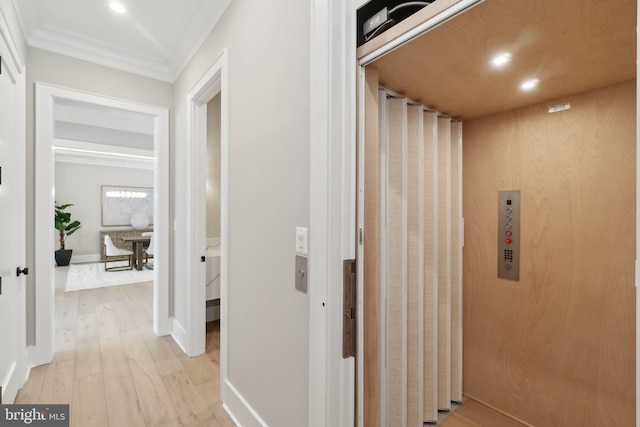 hall with elevator, light wood-type flooring, and crown molding